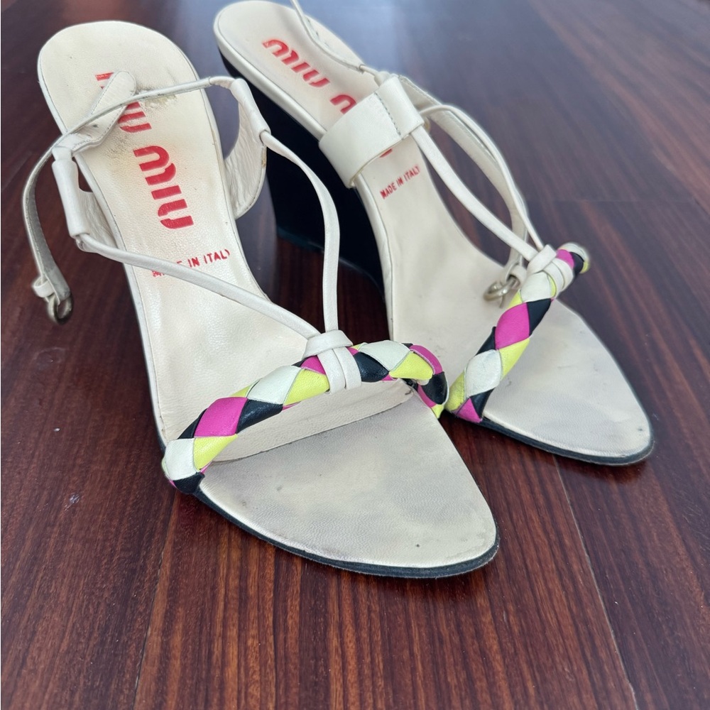 Miu Miu Women's Beige and Multicolor Strappy Wedge Sandals